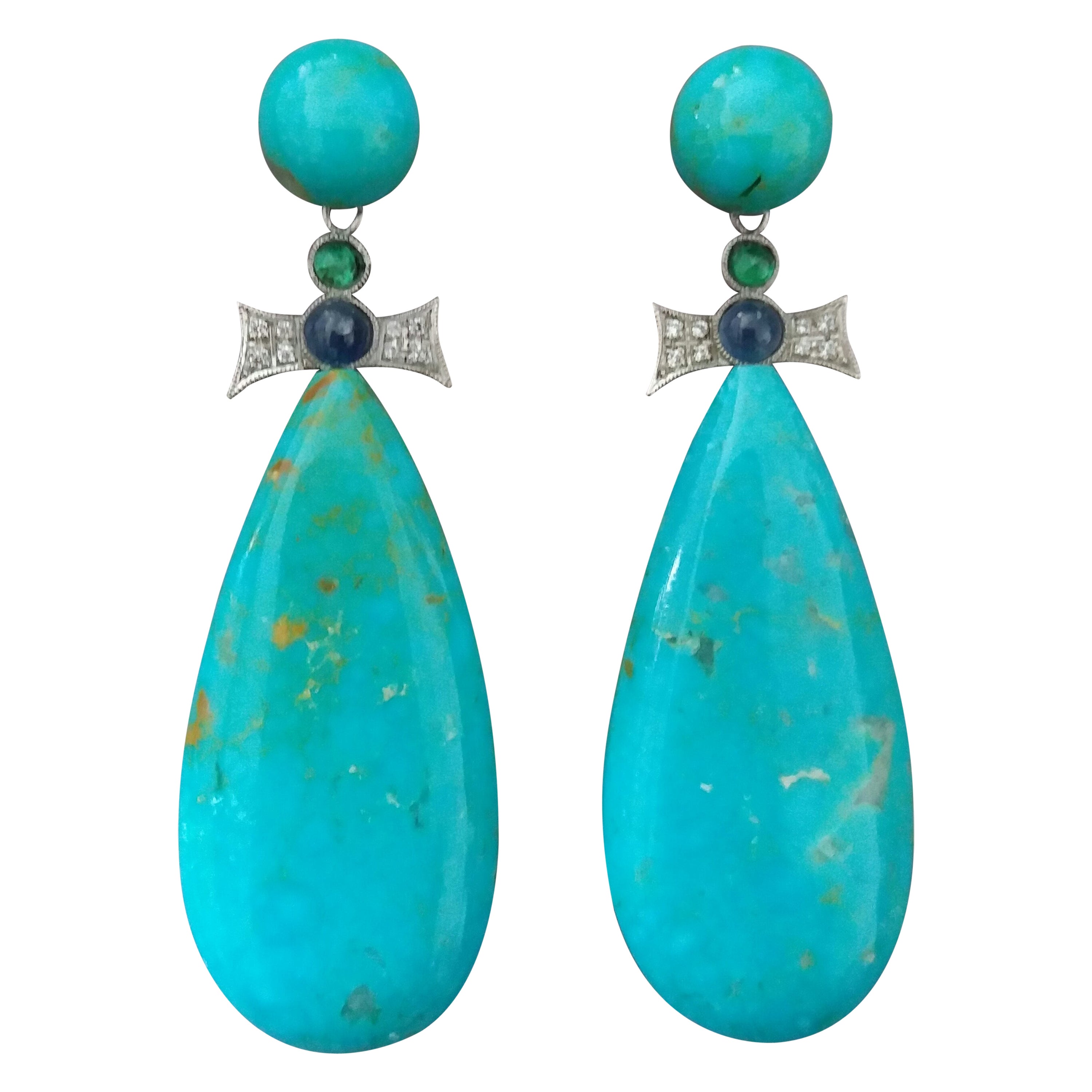 Art Deco Style Gold Emeralds Sapphires Diamonds Natural Turquoise Drop Earrings For Sale