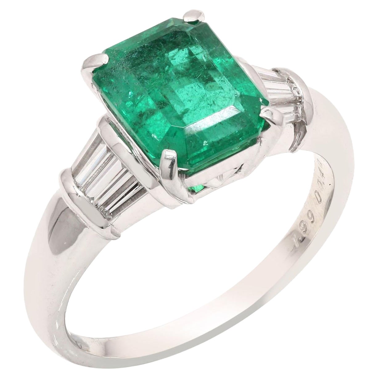 Zambian Emerald Cocktail Ring with Baguette Diamonds Made in 18k White Gold For Sale