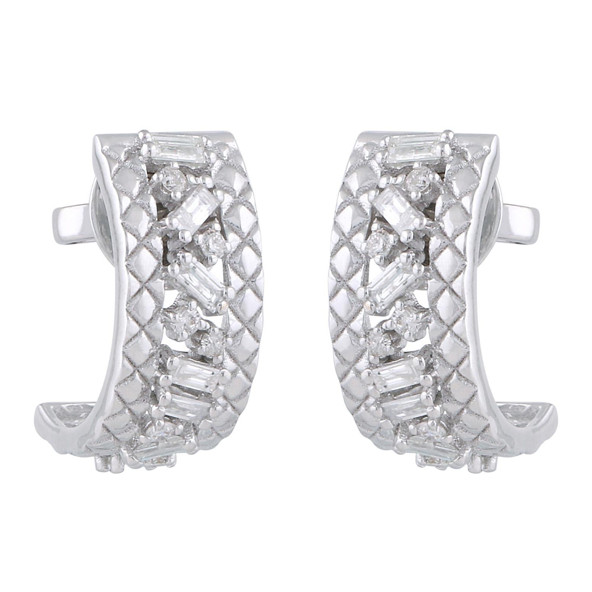SI Clarity HI Color Baguette Diamond Half Hoop Earrings 18 Karat White Gold For Sale