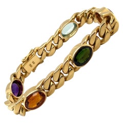 Vintage 18 Karat Yellow Gold and Multigem Curb Chain Bracelet