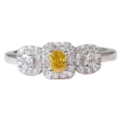 18K White Gold Three Stone Halo Ring with 0.32 Ct Natural Diamonds, GIA Cert