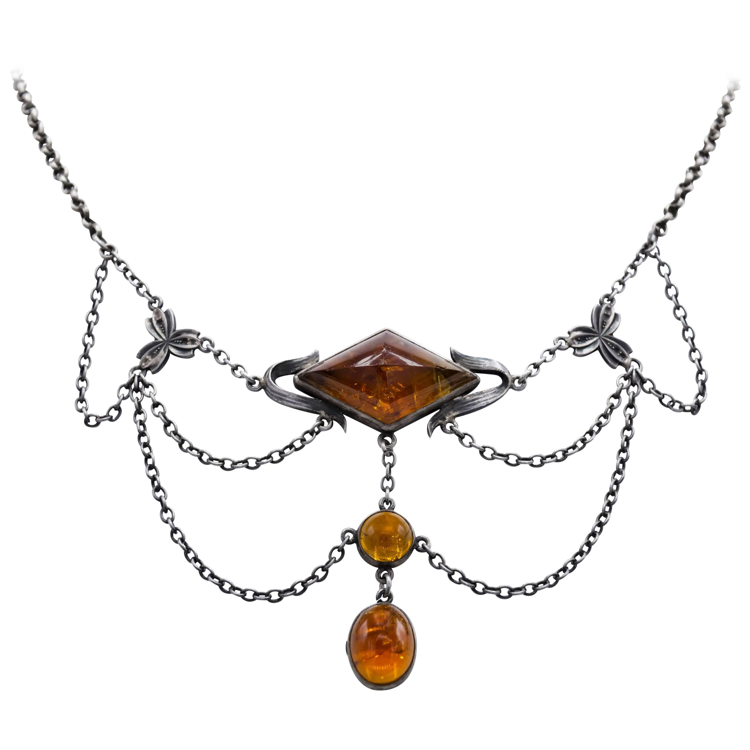 Citrine Oxidized Silver Draped Arts & Crafts Necklace For Sale