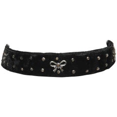 Diamond Sterling Silver Black Velvet Choker with Studs and Bows