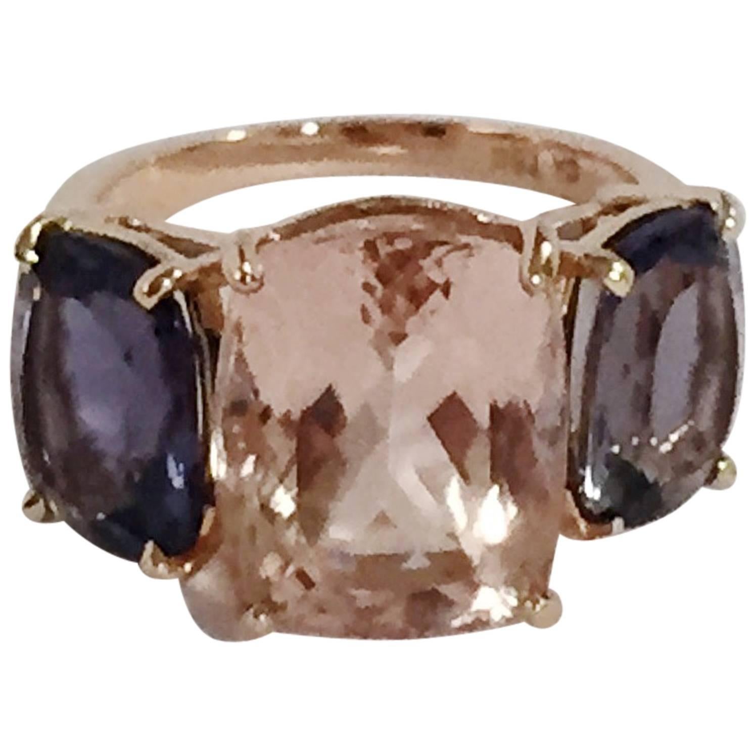 Morganite Iolite Gold Three Stone Cushion Ring  For Sale