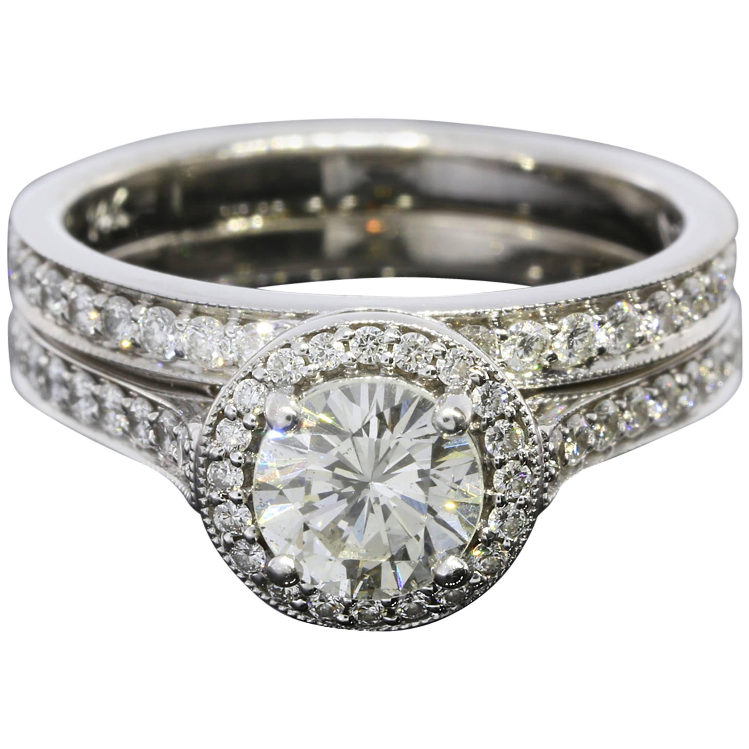 .73 Carat Round Diamond Gold Halo Engagement Ring and Wedding Band Set