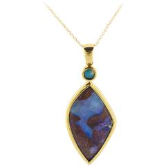 Electric Blue and Green Boulder Opal Gold Pendant