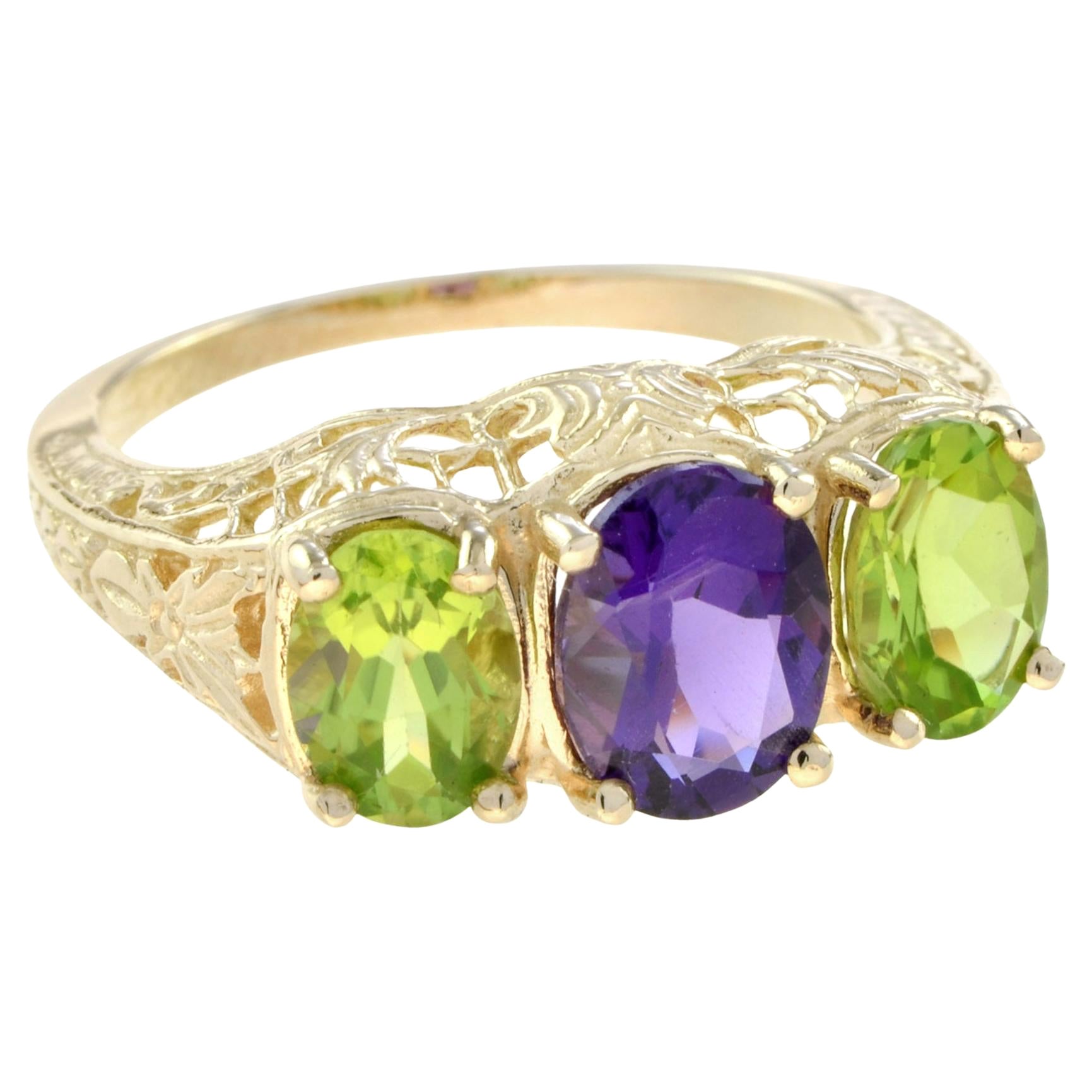 Amethyst Peridot Filigree Three Stone Ring in Solid 14K Yellow Gold For Sale