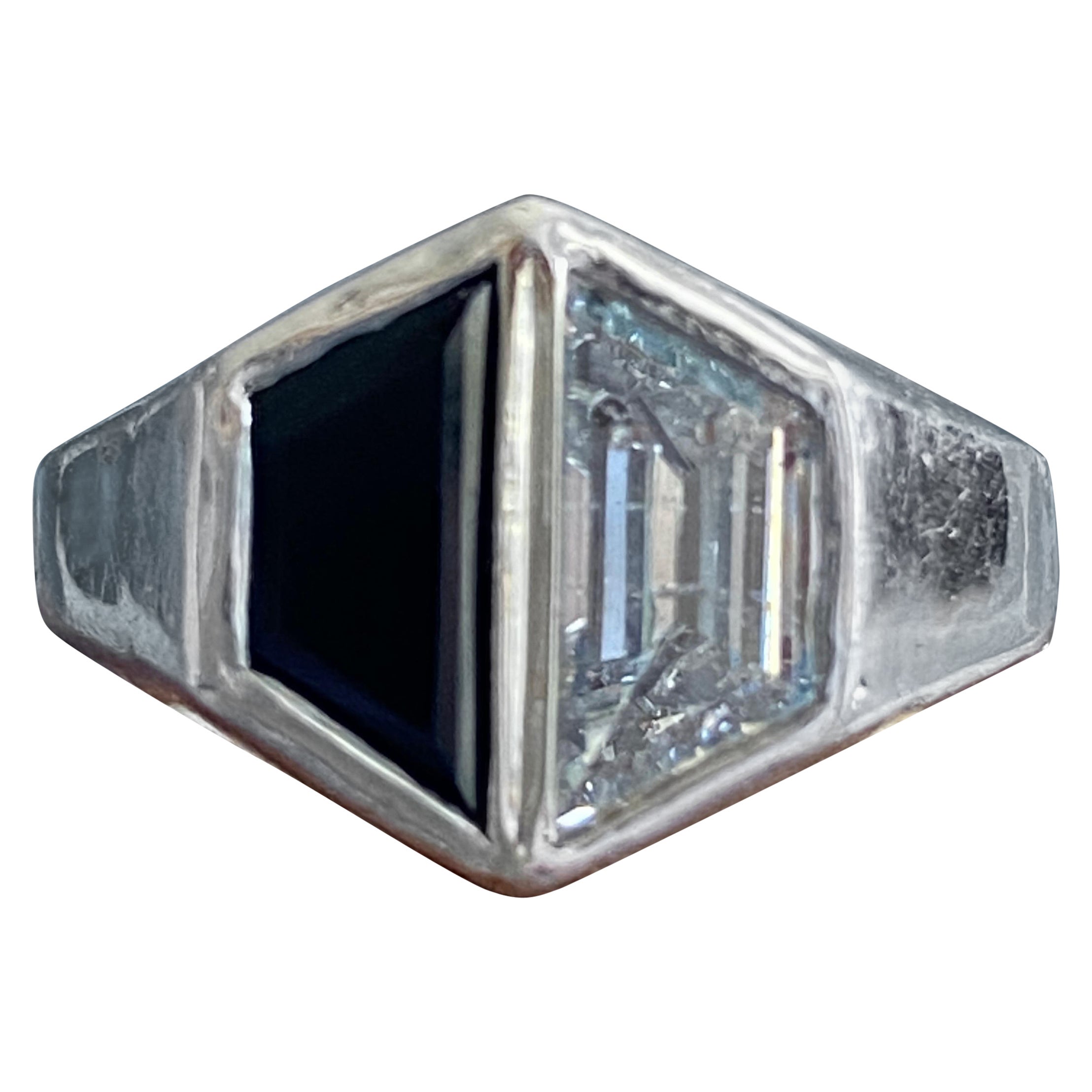 Vintage Onyx & 1.27ct Diamond 18K White Gold Ring For Sale