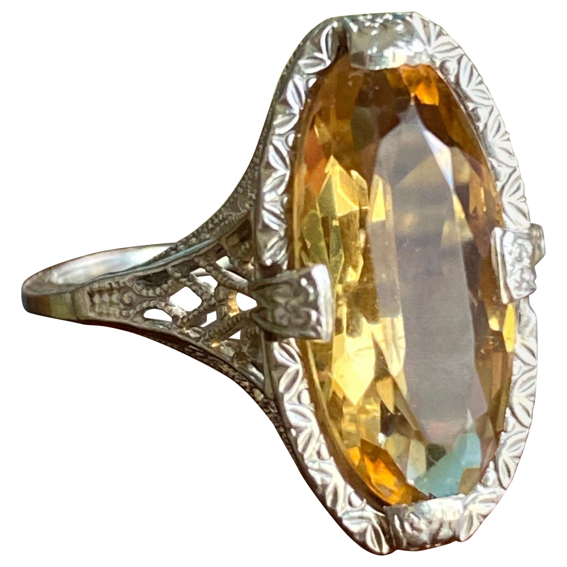 Edwardian Citrine 14K White Gold Filigree Ring