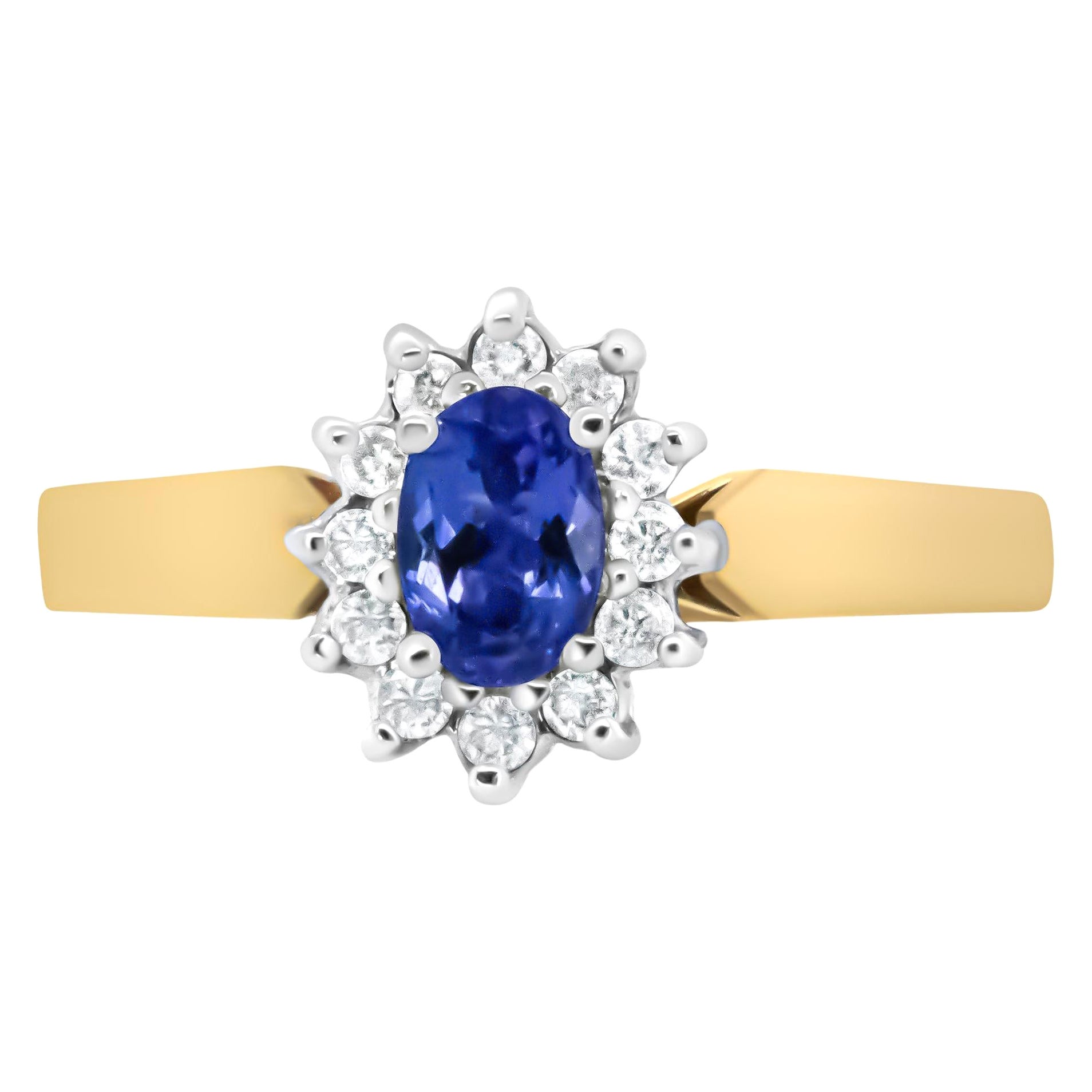 14K Yellow Gold 1/5 Carat Round Diamond and 6x4mm Oval Blue Tanzanite Halo Ring For Sale