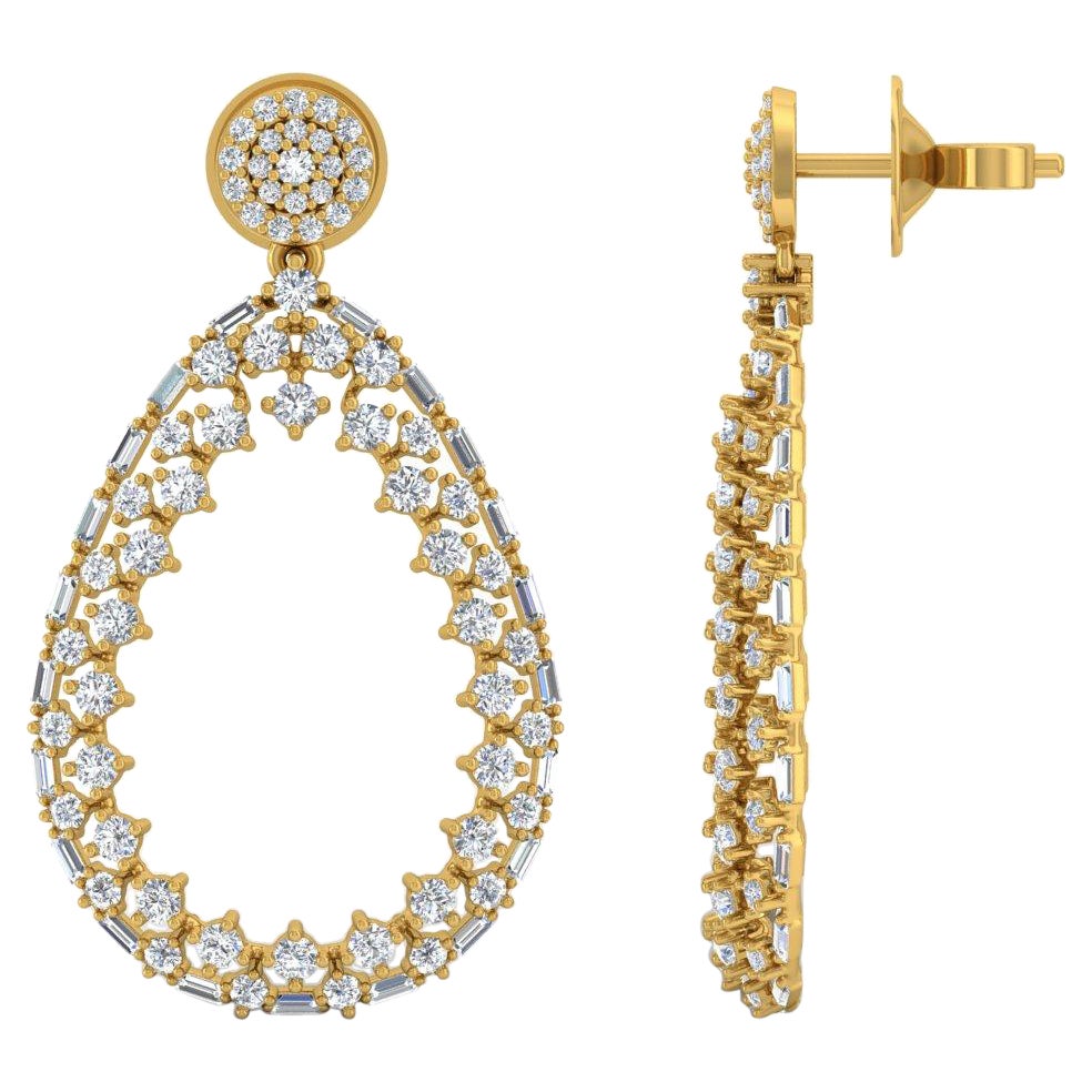 3.20 Carat SI/HI Baguette Diamond Dangle Earrings 18 Karat Yellow Gold Jewelry For Sale