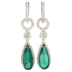 Elongated Pear Drop Zambian Emerald Earrings in 14k White Gold & VS 2Ct Diamonds