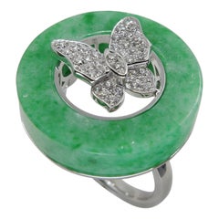 Certified Apple Green Jade 14.24 Cts and Diamond Butterfly Ring, Well Designed