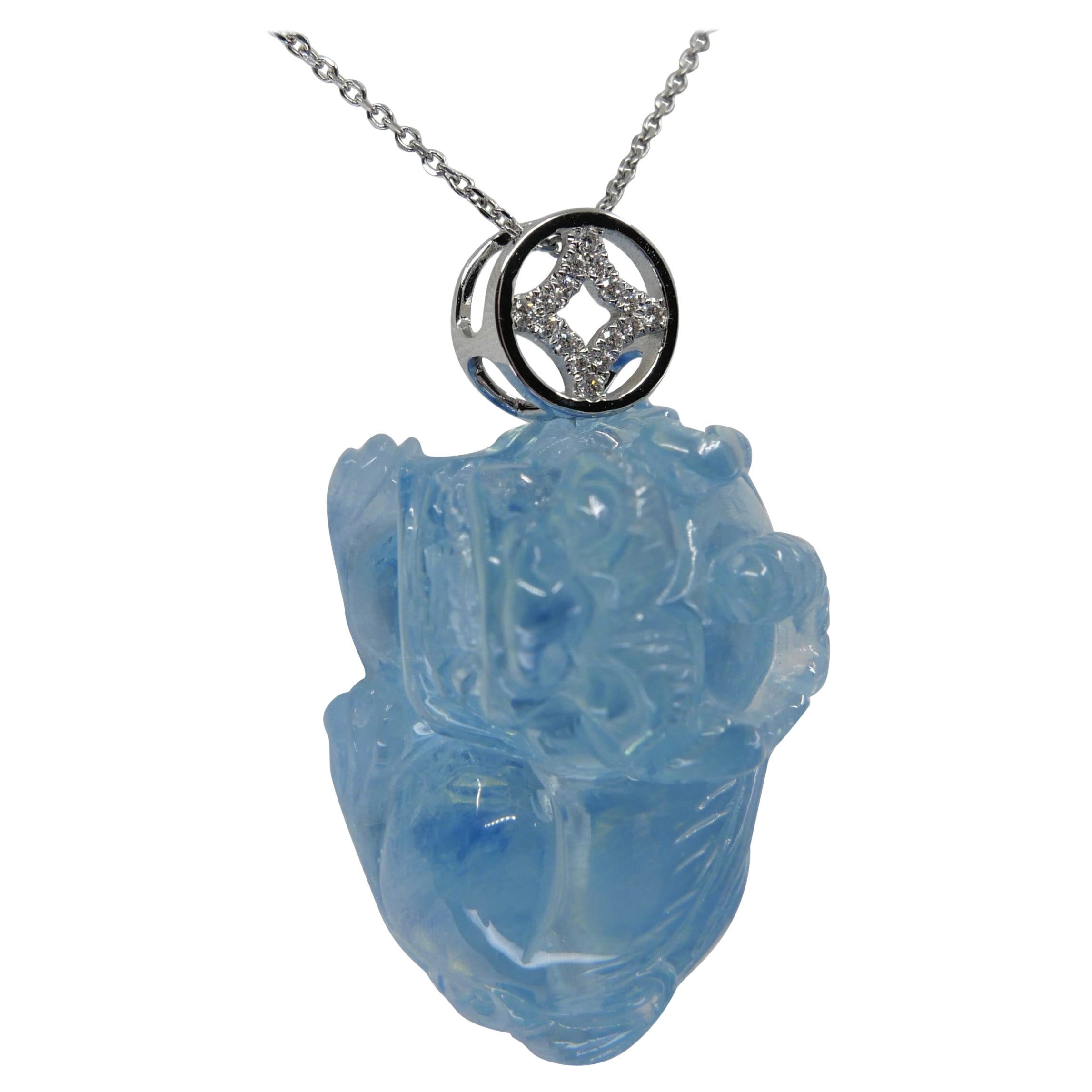 61.88 Cts Lucky Aquamarine Pi Xiu Pendant, Santa Maria Blue, Transparent Clean For Sale