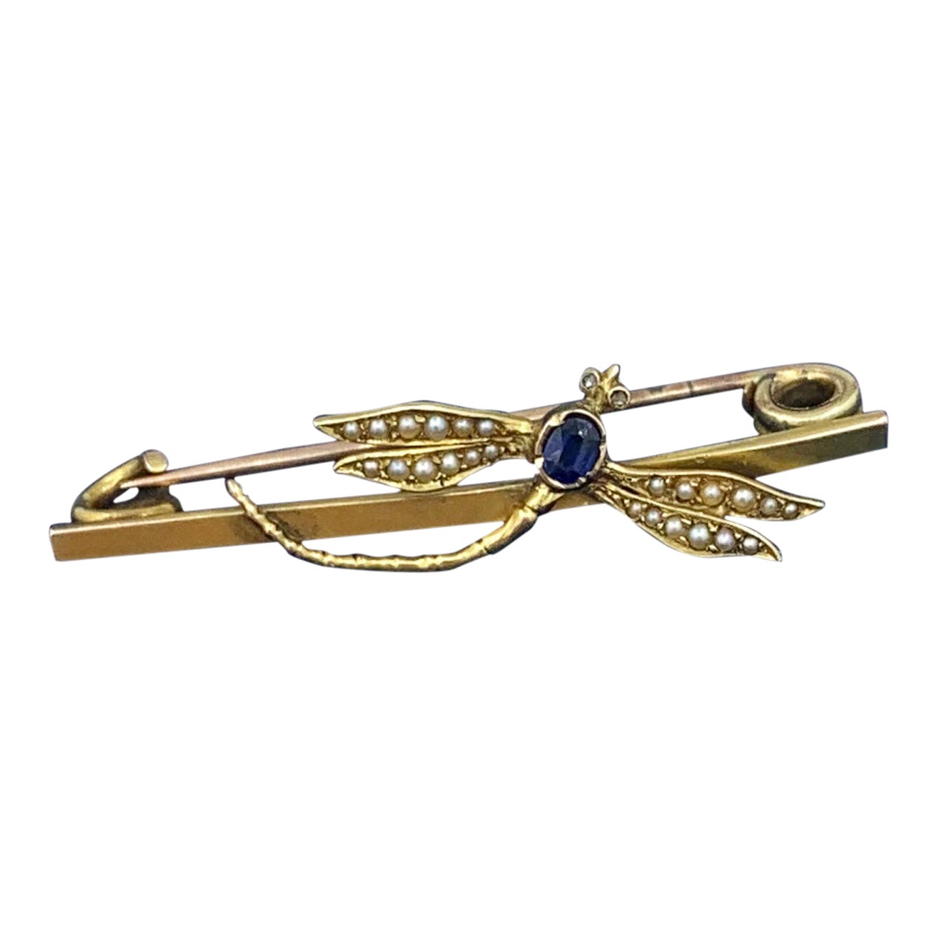 Sapphire Rose Cut Diamond Dragonfly Insect Brooch Pin Art Nouveau 14 Karat Gold For Sale