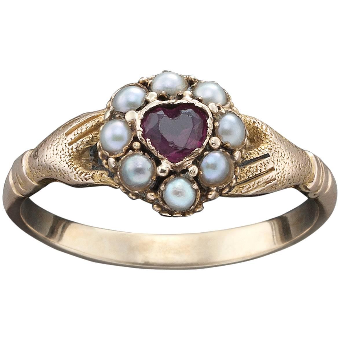 Charming Antique Pearl Garnet Gold Claddagh Ring For Sale