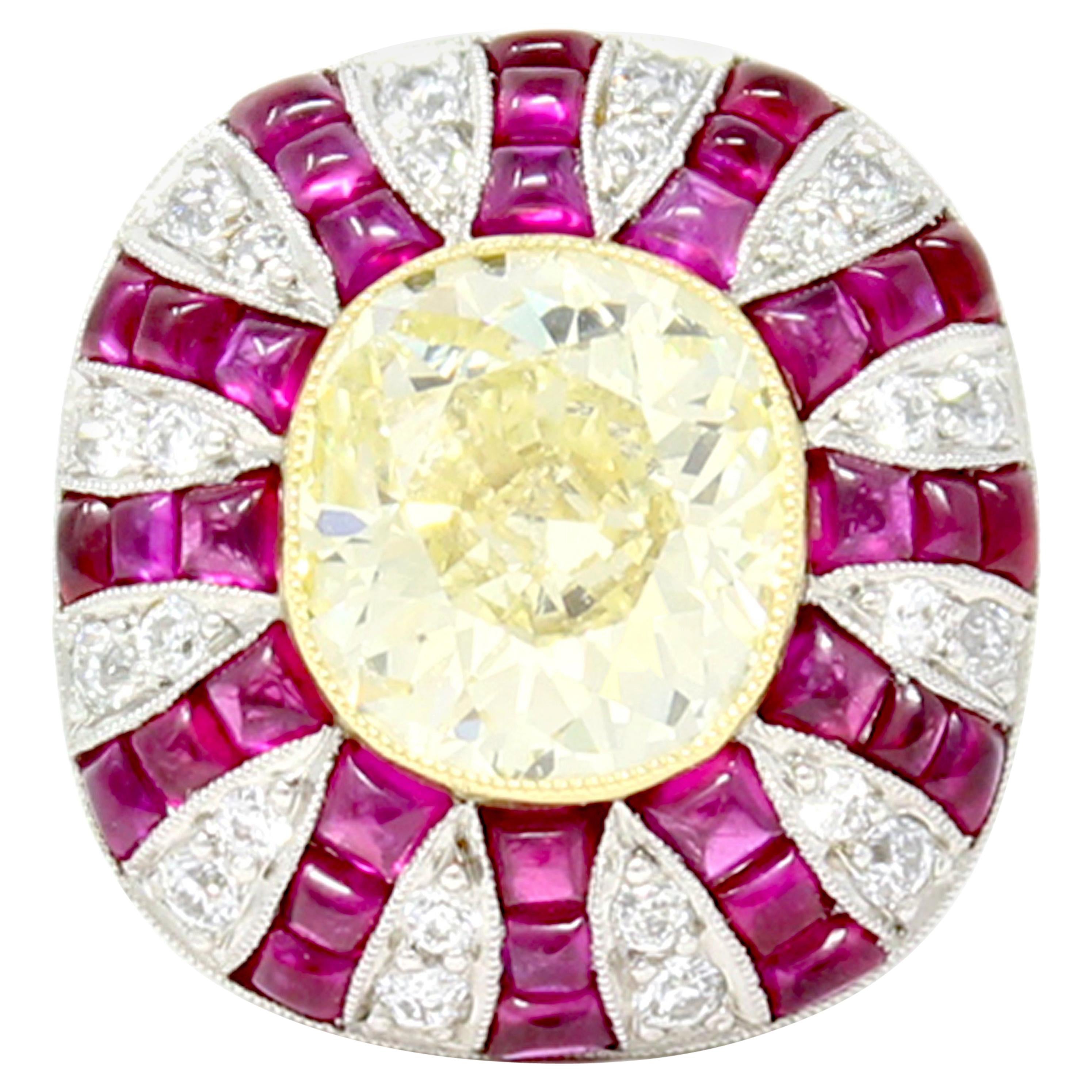 4.73 Carat Art Deco Style GIA Fancy Yellow Cushion Diamond Ring For Sale