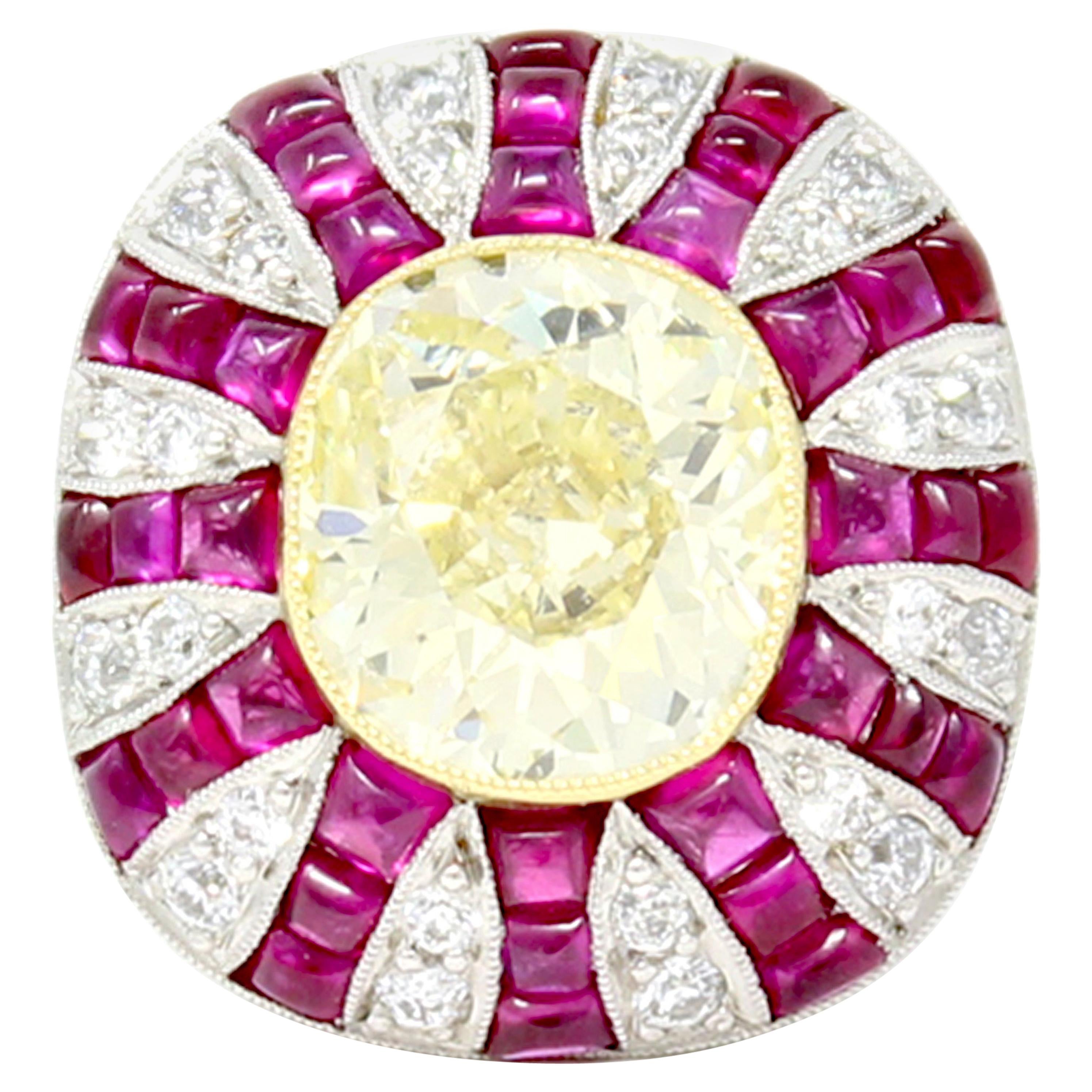 4.73 Carat Art Deco Style GIA Fancy Yellow Cushion Diamond Ring