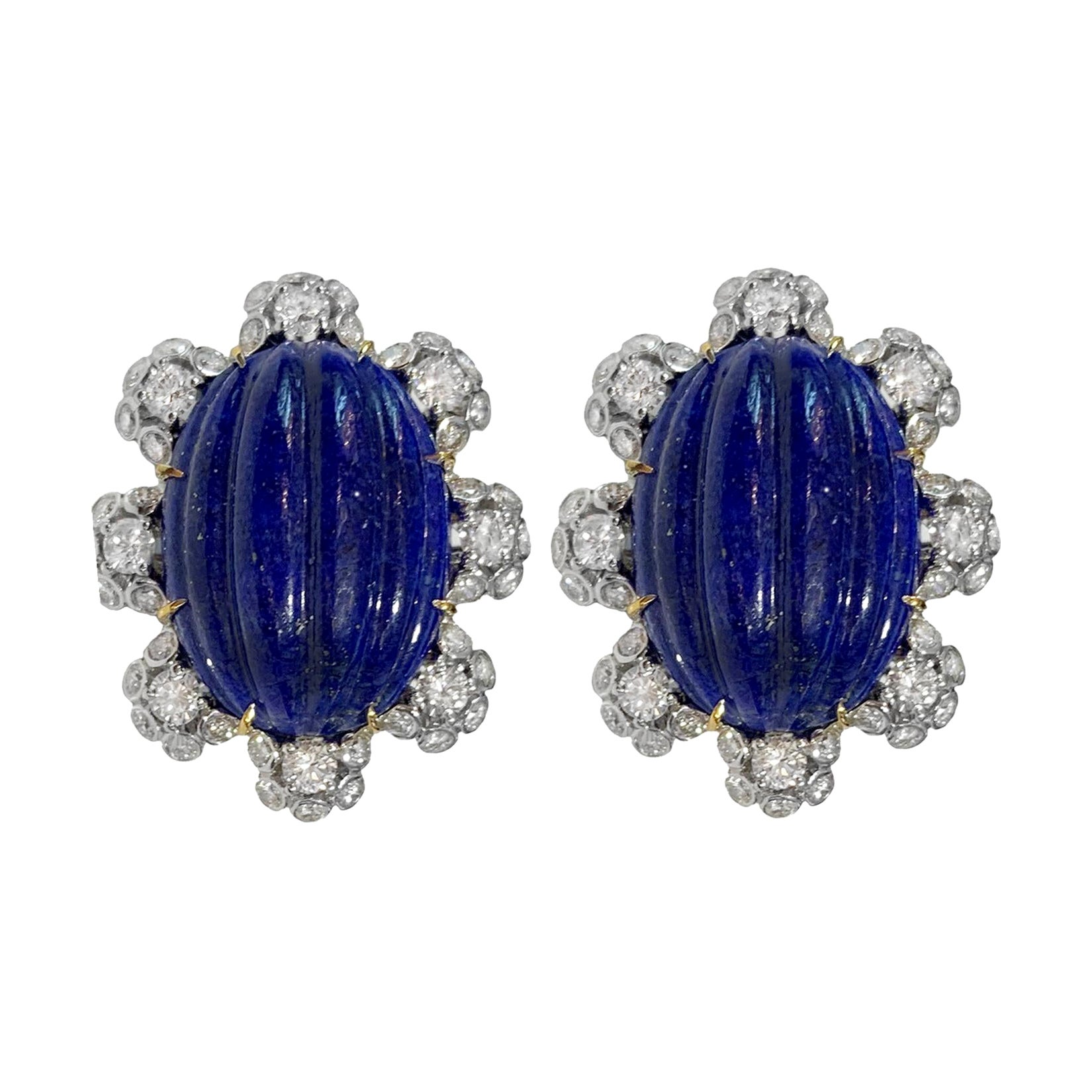 Unique Diamond Lapis Lazuli Earrings 18k in Gold For Sale