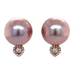 Boucles d'oreilles en or rose 18 carats avec perles d'eau douce et diamants de 0,27 carat