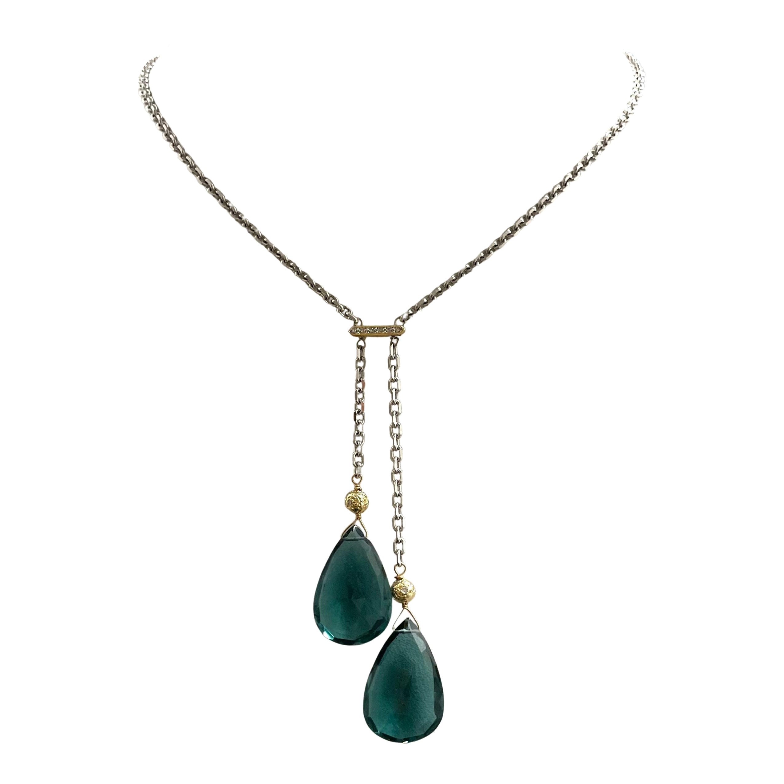 Teal Pear Shape Drops with Diamonds on White Gold Chain Necklace For Sale