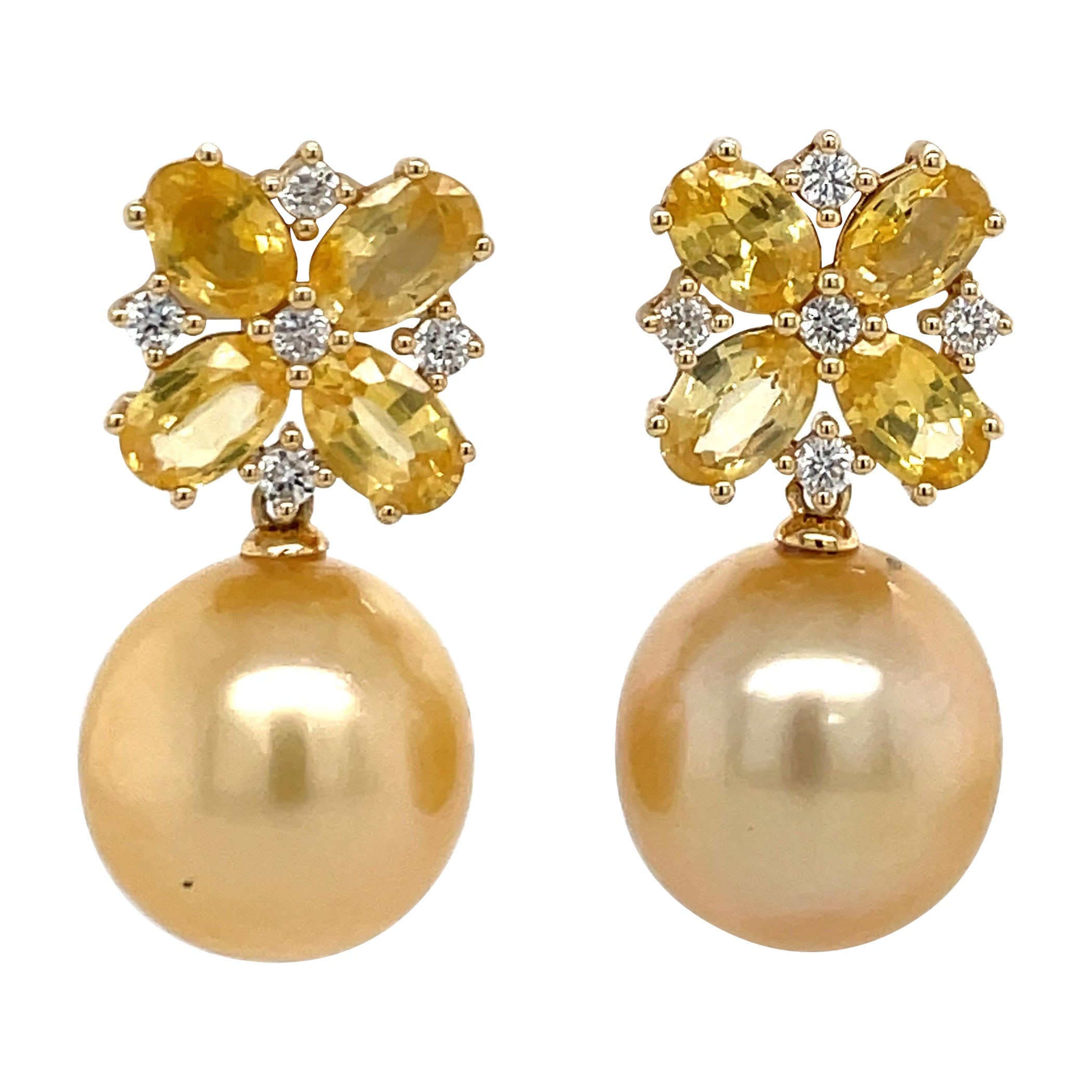 18 Karat Yellow Gold Sapphire Diamond Golden South Sea Pearl Earrings 5.02 Cttw For Sale