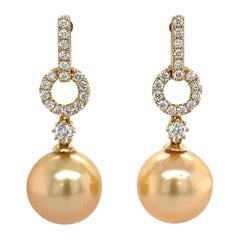 18 Karat Yellow Gold Golden South Sea Pearl Diamond Drop Earrings 0.61 Carats