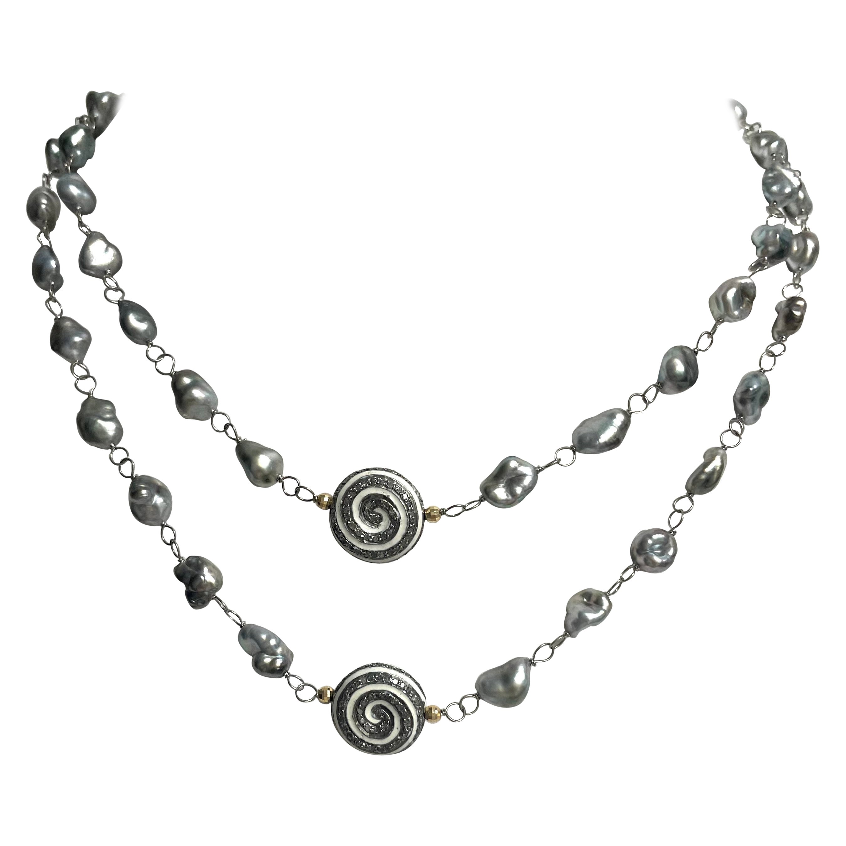 Tahitian Keshi Pearl Necklace with Enamel and Pave Diamond Pinwheel Accents For Sale