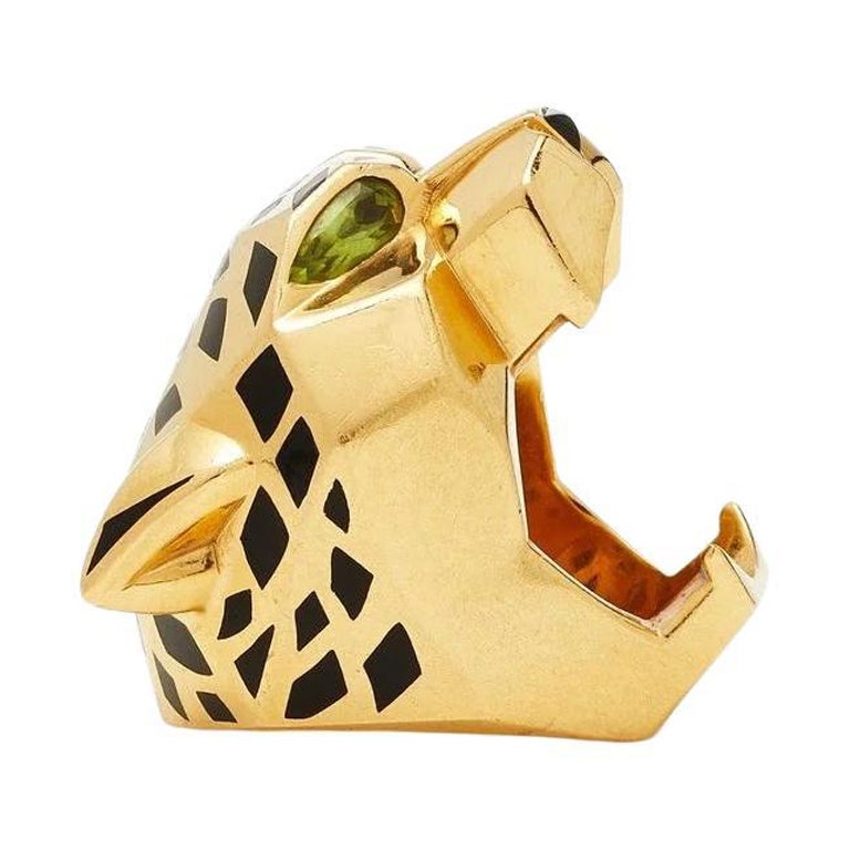 Cartier 18k Yellow Gold Panthere Head Solid Design Spotted Lacquer Ring