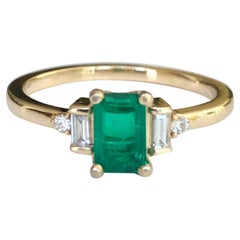 Used Rectangular Cut Emerald and Diamond Ring Gold