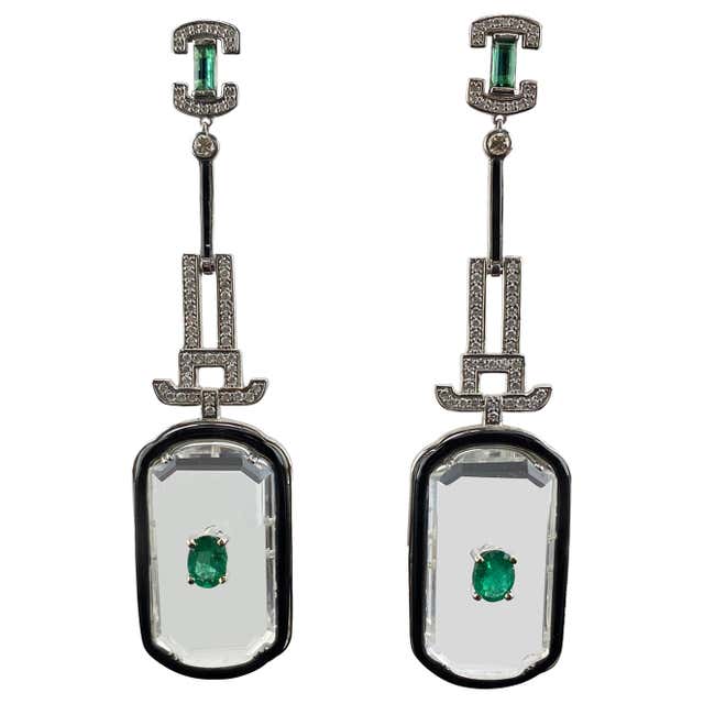 Indian Carved Green Crystal Emerald Diamond Gold Earrings For Sale at ...