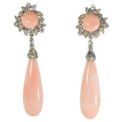 Retro 18K White Gold, Diamond and Angel Skin Coral Pendant Style Earrings