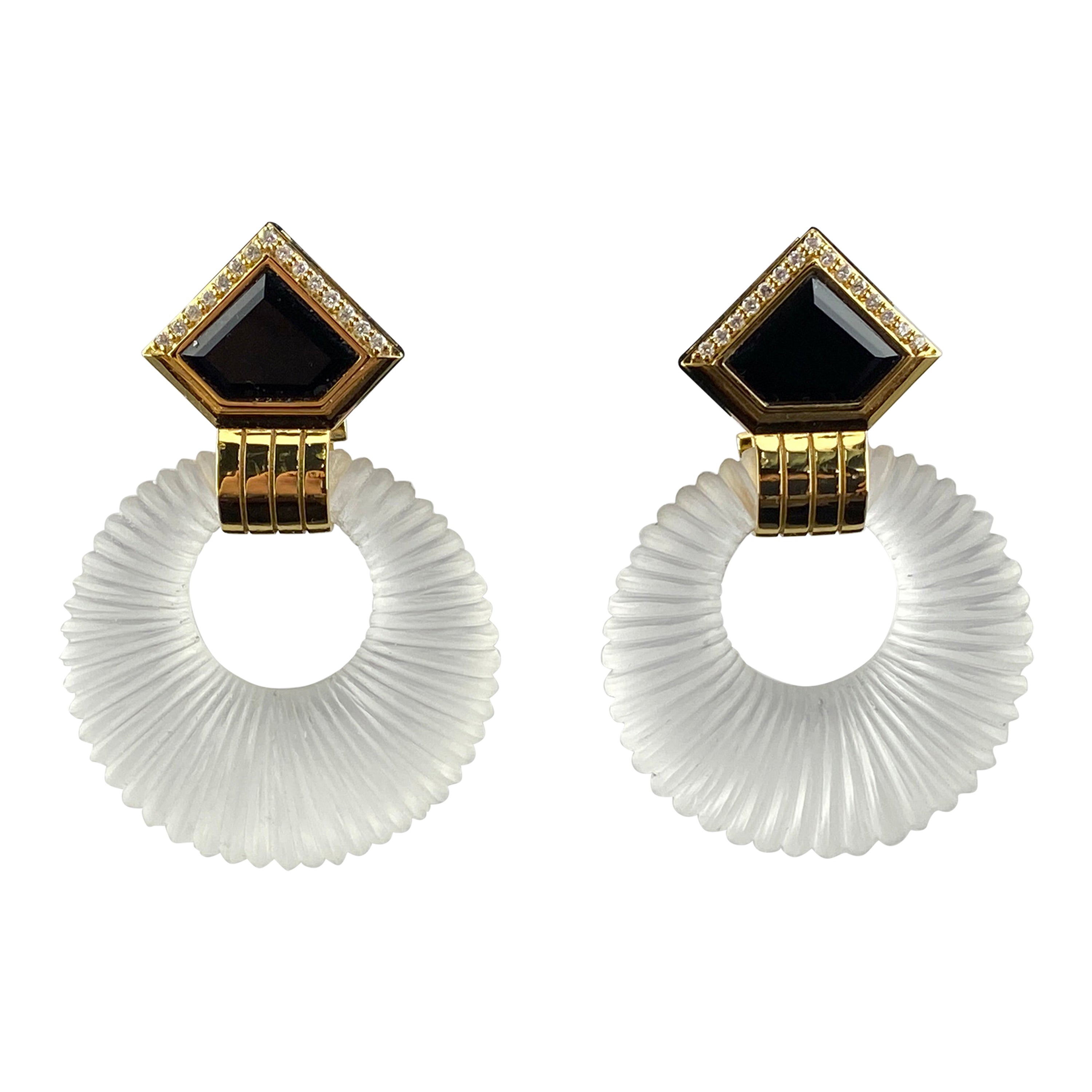 Art Deco Rock Crystal, Black Onyx and Diamond Dangle Earrings