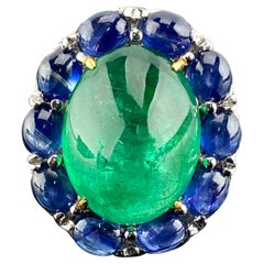 12.80 Carat Emerald Cabochon and Blue Sapphire Cocktail Engagement Ring