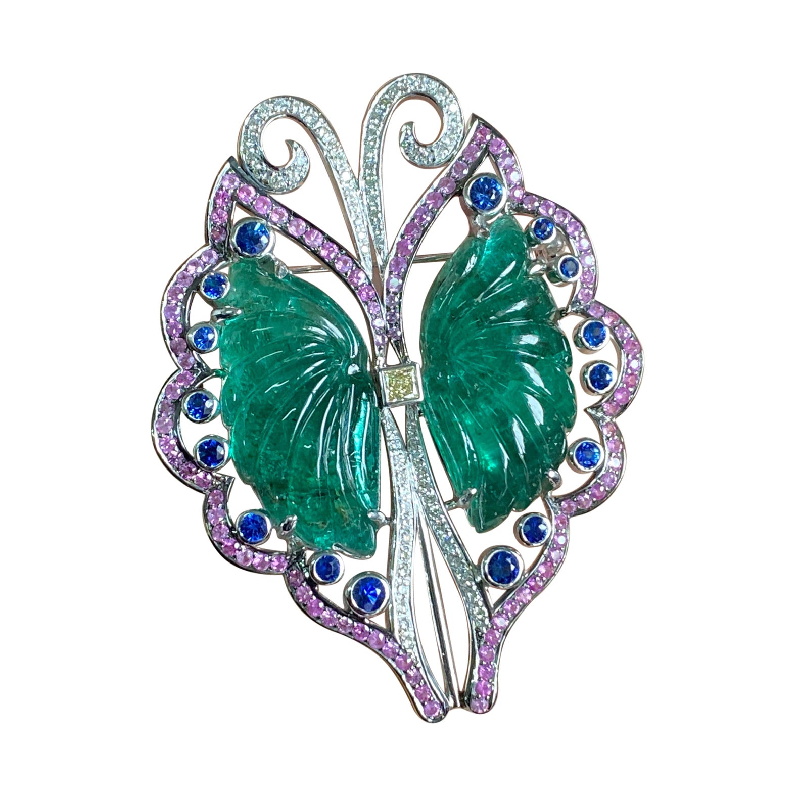 Art-Deco 42.77 Carat Carved Emerald, Coloured Sapphire and Diamond Brooch For Sale