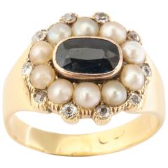 Antique Rich Sapphire Natural Pearl Diamond Ring, circa 1844