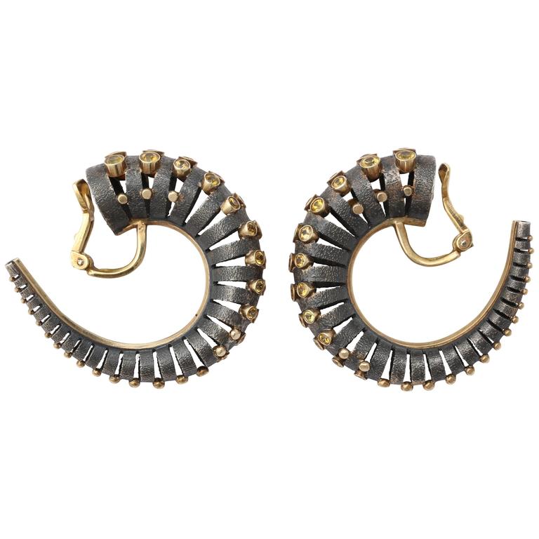 Marilyn Cooperman Yellow Diamond Patinated Silver Gold Horn Earrings Marilyn Cooperman Yellow Diamond Patinated Silver Gold Horn Earrings For