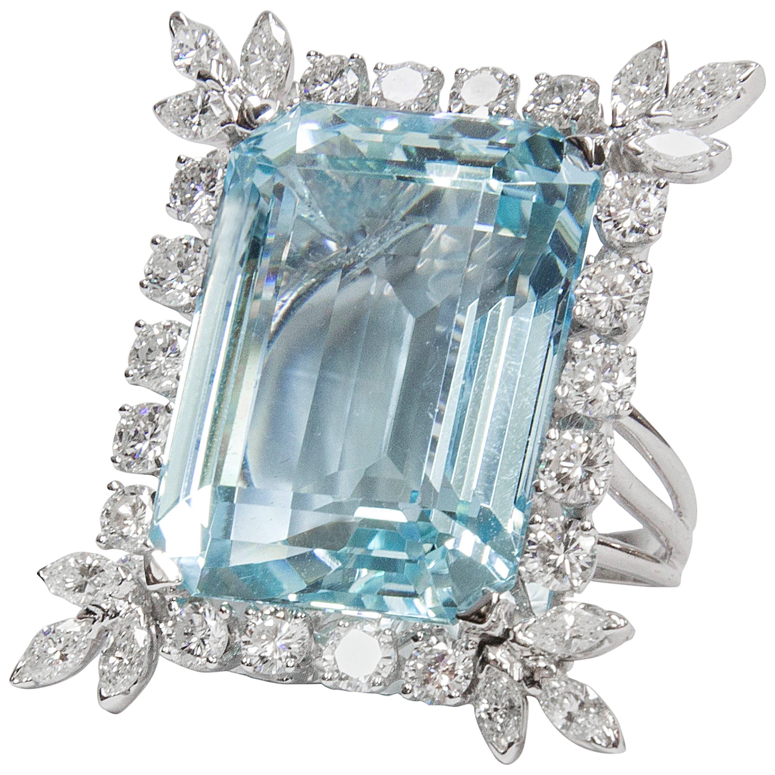 47 Carat Natural Aquamarine Diamond Platinum Ring Estate Fine Jewelry