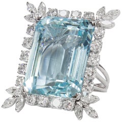 Vintage 47 Carat Natural Aquamarine Diamond Platinum Ring Estate Fine Jewelry