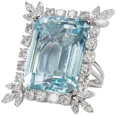 47 Carat Natural Aquamarine Diamond Platinum Ring 2