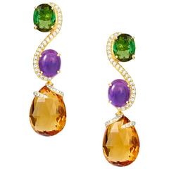 Shanghai Green Tourmaline Amethyst Citrine Diamond Gold Drop Earrings 4