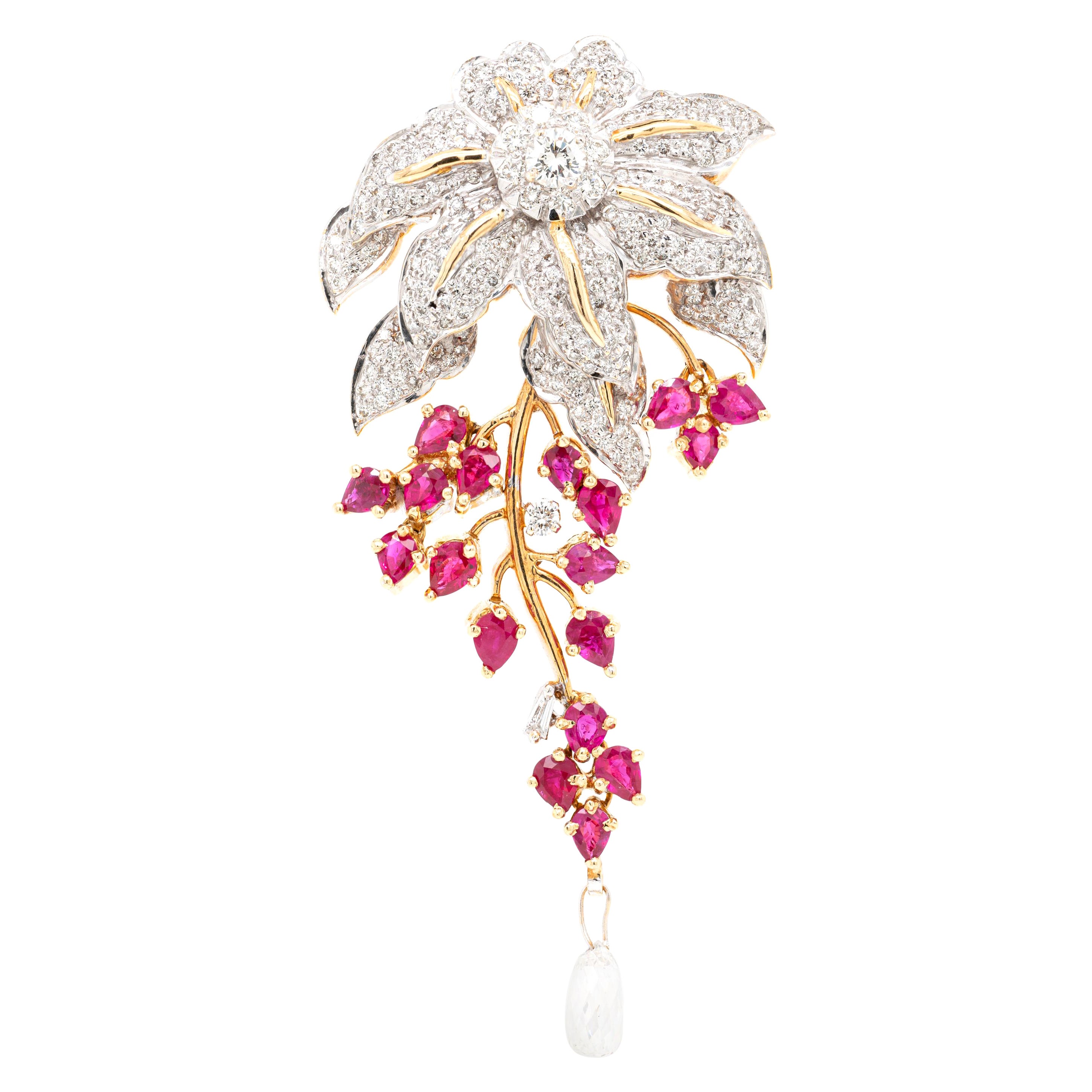 Pendentif floral Cascade en or blanc et jaune 18 carats 3,43 carats diamants et rubis en vente