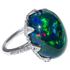 Mega Black Opal and Diamond Lotus Ring, Noteworty Black Opal, 21.36 Cts