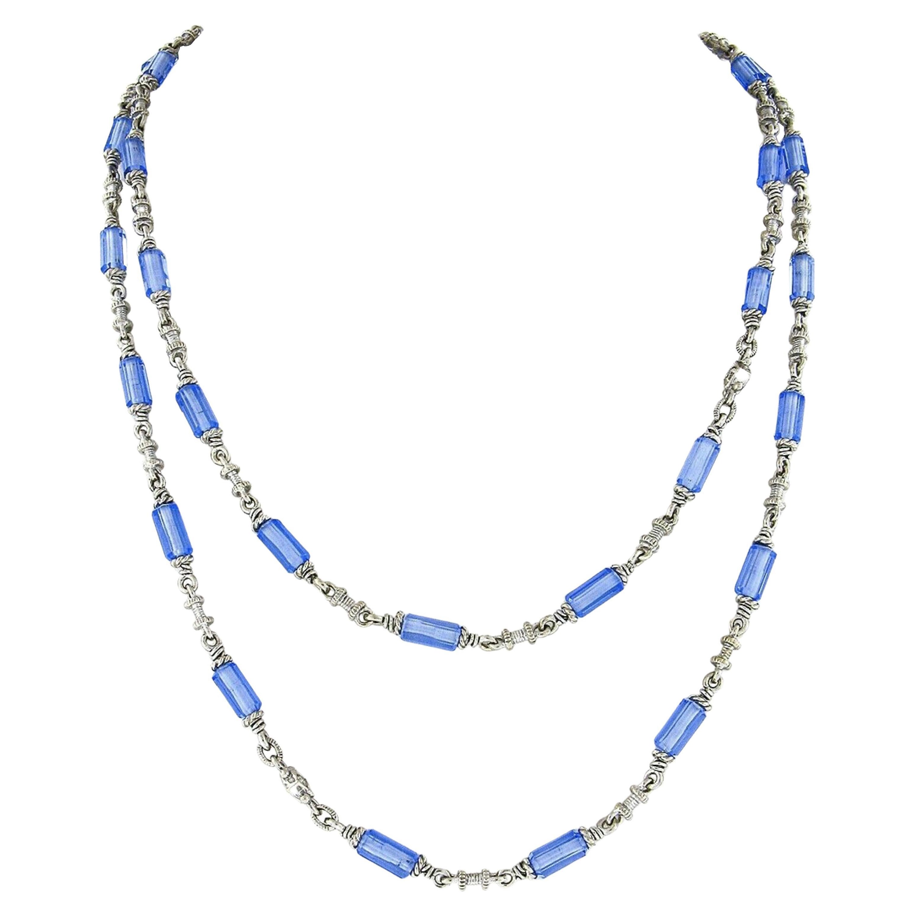 Judith Ripka 18K Gold Blue Topaz Faceted Tube w/ Diamond Chain Necklace For Sale