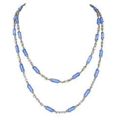 Vintage Judith Ripka 18K Gold Blue Topaz Faceted Tube w/ Diamond Chain Necklace