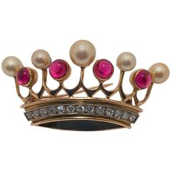 Pearl Ruby Gold Crown Brooch