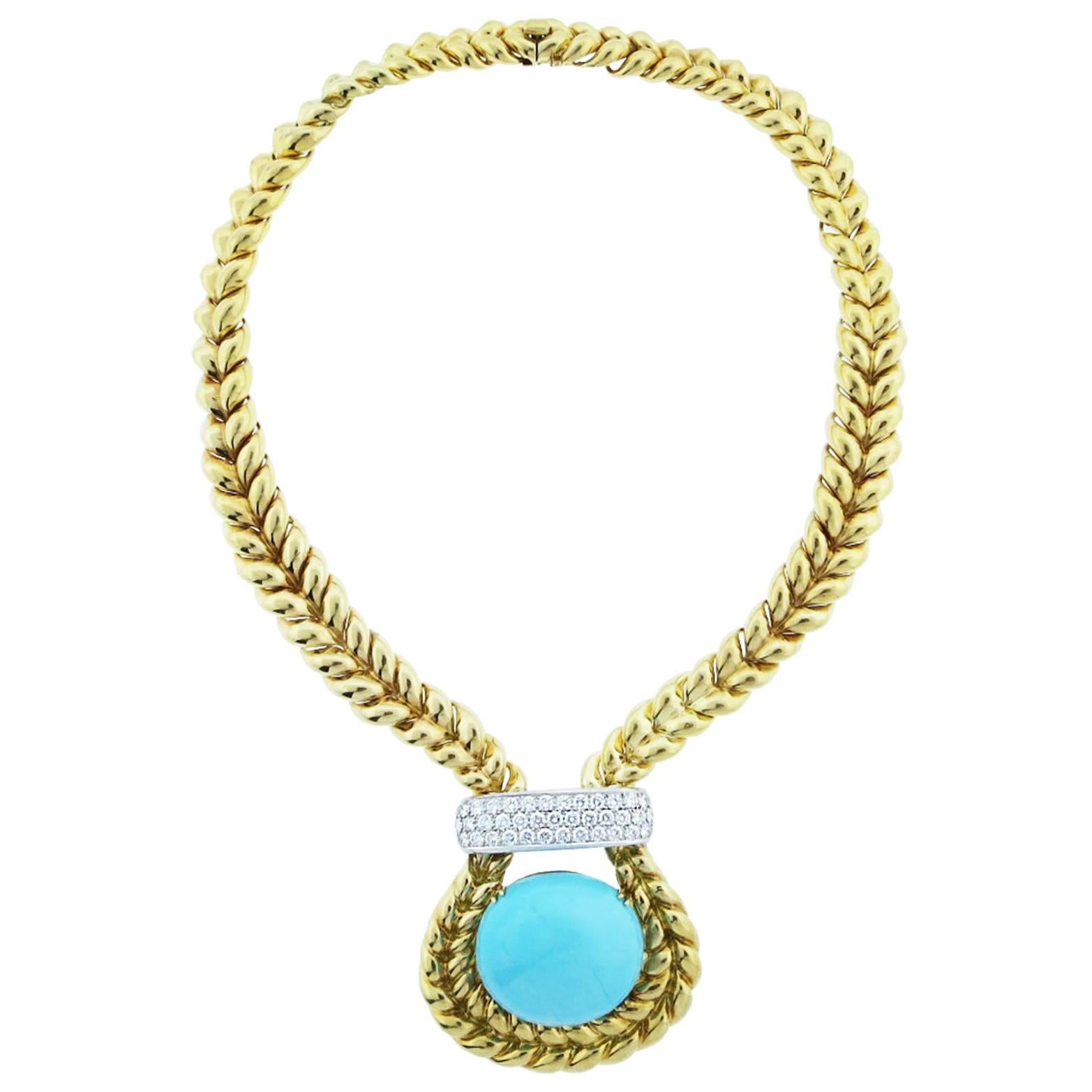Valentine Magro Exciting Turquoise Diamond Gold Necklace For Sale