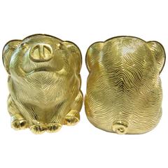 Judith Leiber Huge Gold pair of Front and Back Pig Brooches with Ruby Eyes