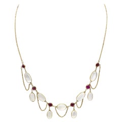 Antique 14K Gold Edwardian Festoon Moonstone and Garnet Necklace