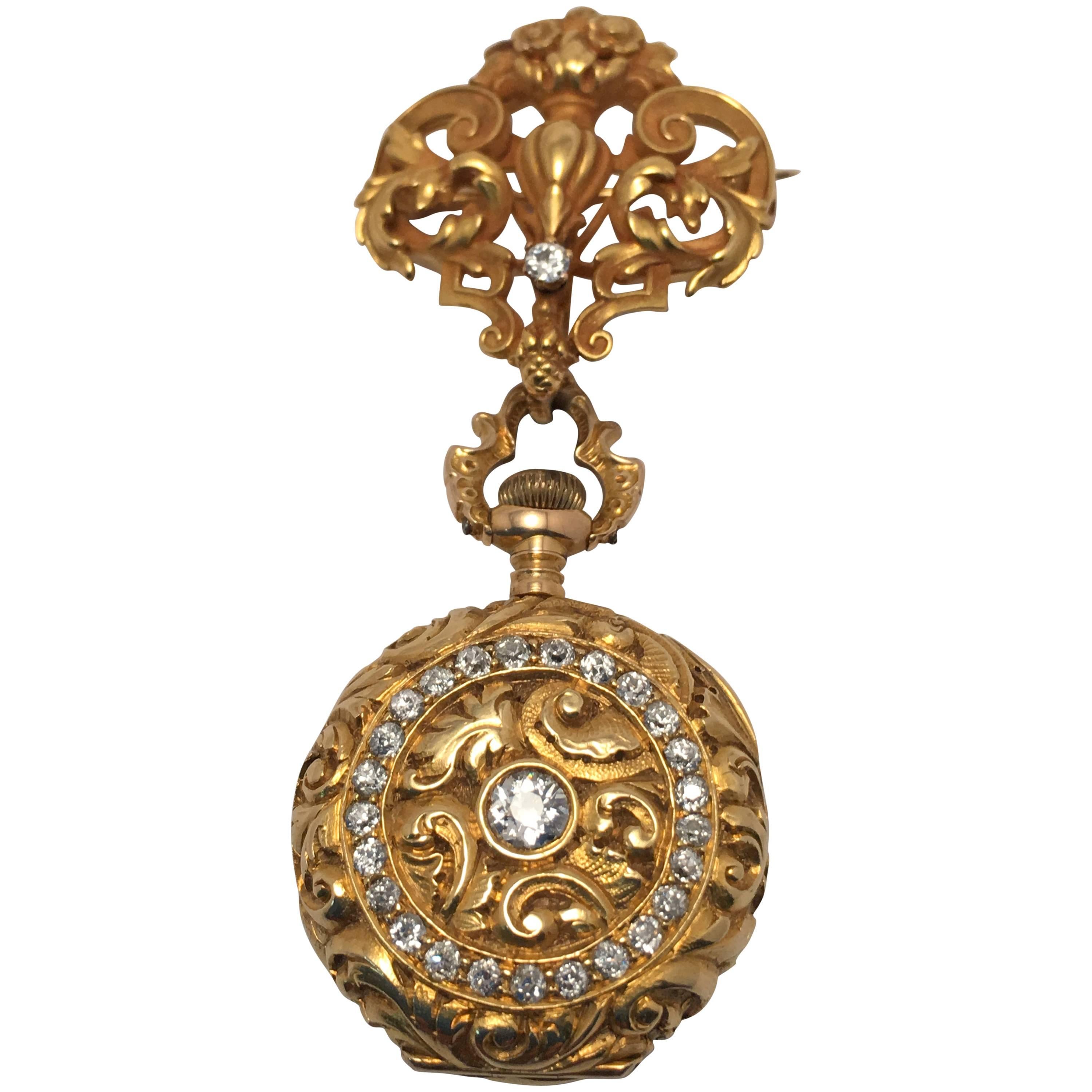 Art Nouveau Diamond Gold Demi Hunter Lapel Watch For Sale